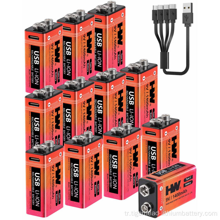 12PCS 9V 5180mWh USB-C Şarj Edilebilir Lityum Pil
